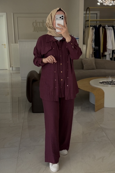 Jenne Premium Bordo Desenli Gümüş Zımba Detaylı Takım