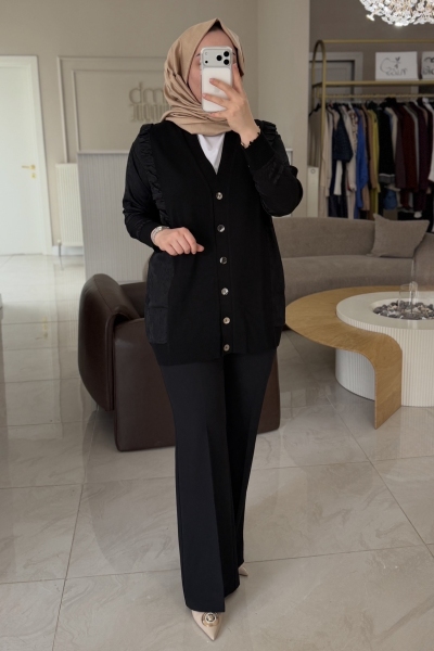 Tıg Trıko Siyah Fırfır Detaylı Jakar Kumaş Mixli Triko Hırka