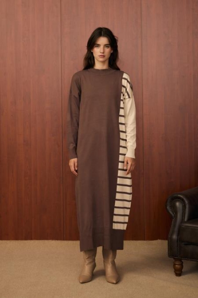 Merwish Kahverengi Blok Çizgili Elbise