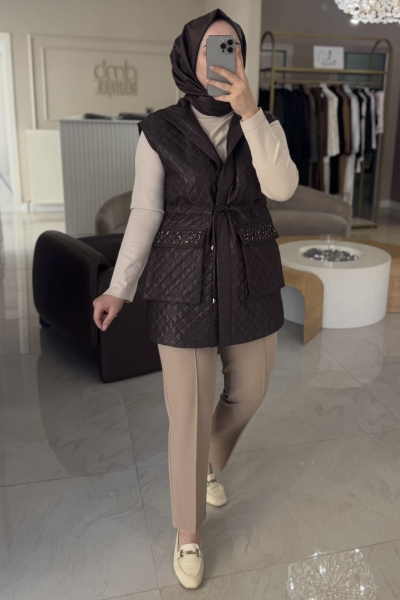 Nuss Kahverengi Taş İşleme Kapişon Yelek