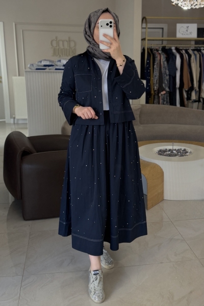 Wennora Lacivert Parıltılı Etekli Takım