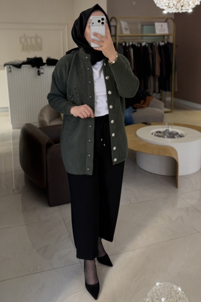 Nuss Haki Angora Çiçek İşleme Uzun Hırka 7007