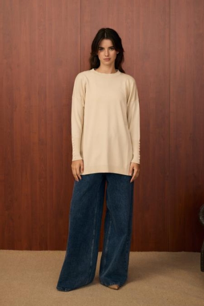 Merwish Bej Basic Düğme Triko 1503