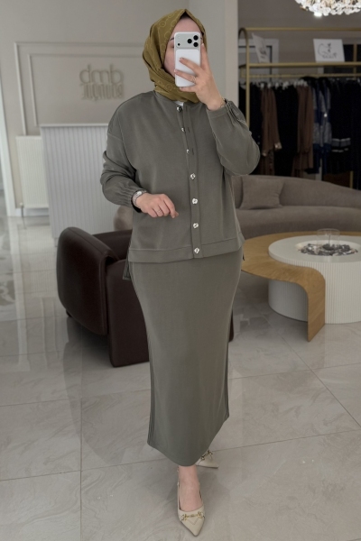 Tıg Trıko Haki Nervür Detay Etek Takım