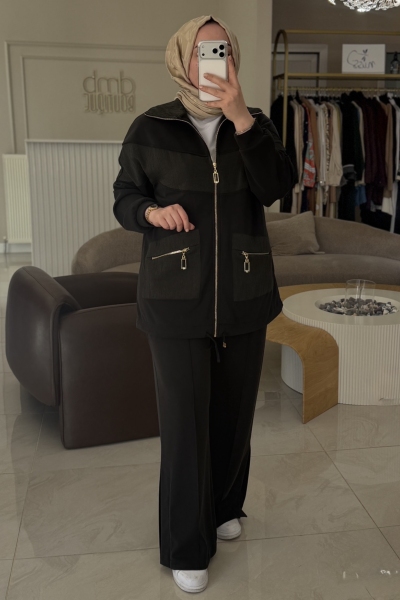 Nuss Siyah Parlak Geçişli Fermuarlı Modal Takım 1089 