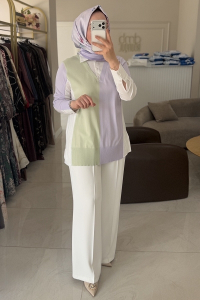 Tıg Trıko Lila İki Renkli Rayon Mixli Gömlek Yaka Tunik