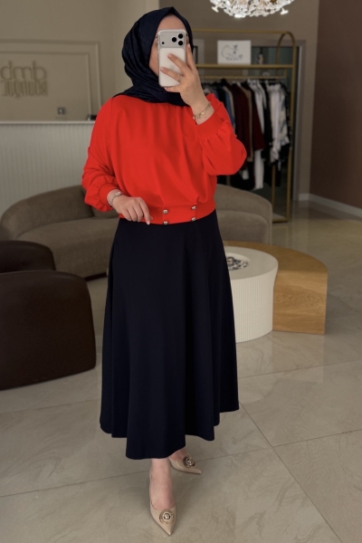 Ghisa Kırmızı Düğme Detaylı Ribanalı Bluz