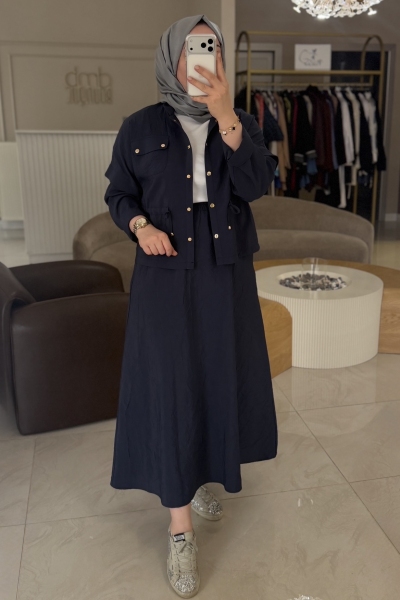 Nuss Lacivert Kırışık Bel Büzgülü Cep Detay Etekli Takım 1090