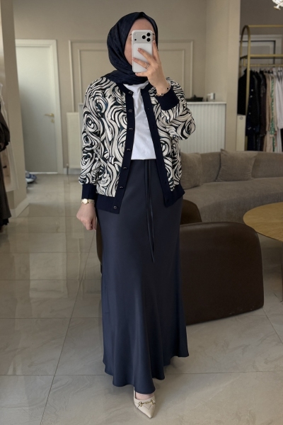 Tıg Trıko Lacivert Saten Desenli Ceket Etek Takım