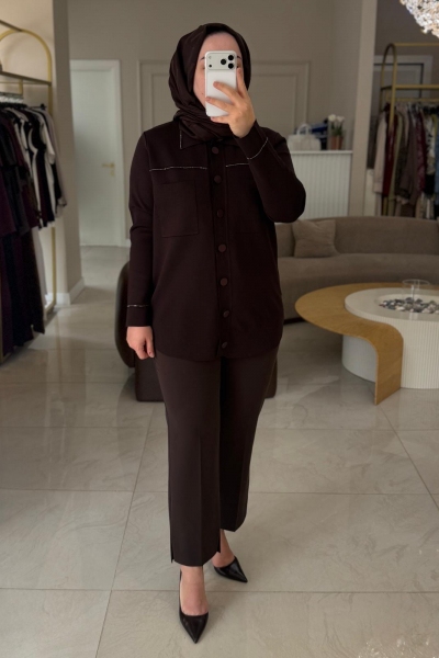 Tıg Trıko Kahverengi Cep Detaylı Polo Yakalı Rayon Triko Hırka