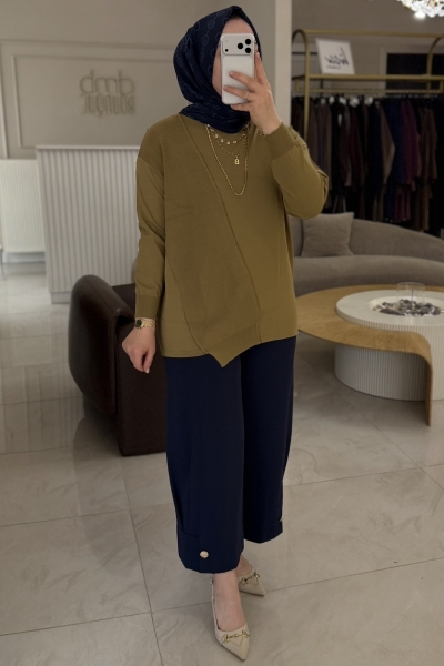 Sentez Grup Lacivert Venüs Pileli Düğmeli Pantolon