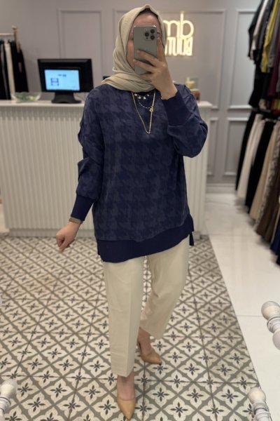 Lacivert İpek Kazayağı Tunik