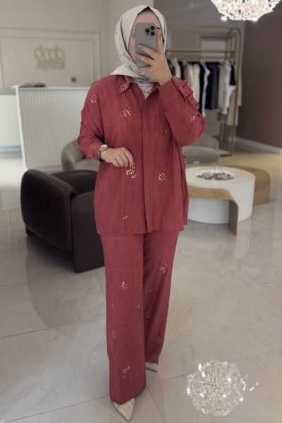 Somon Çıtır Desen Taş Baskılı Takım