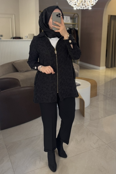 Esswaap Siyah Kırışık Gold Detaylı Tunik