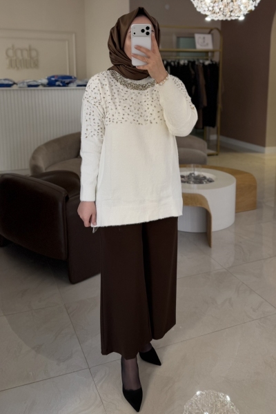 Nuss Ekru Taşlı Kazak 7003