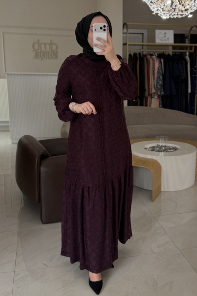 Nuss Bordo Düğme Detay İpek Elbise