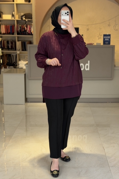 Tıg Trıko Bordo Şifon Kombinli Metal Tokalı Tunik