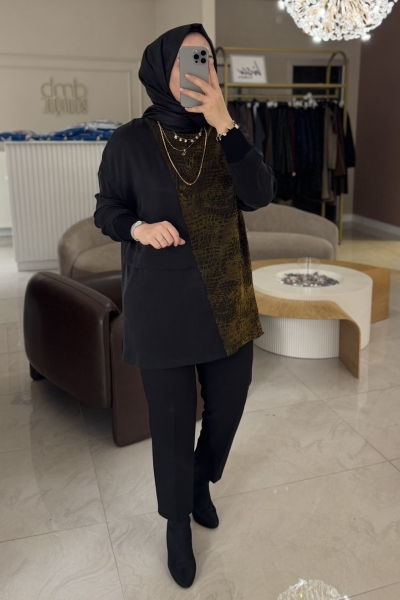 Nuss Yağ Yeşili İpek Jakar Detaylı Tunik