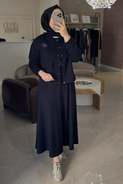 Nuss Lacivert Taş İşlemeli Çıt Ceketli Etekli Takım