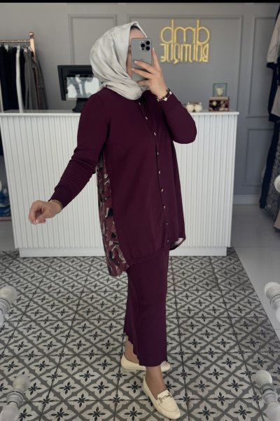 Bordo Arka Desen Detay Hırka