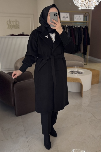 Esswaap Siyah Broş Detay Ribana Kol Kaban