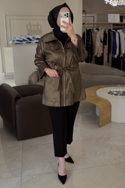 Nuss Haki Cep Boncuk İşleme Büzgülü Ceket