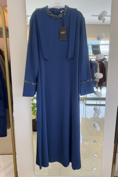 Nuss Lacivert Kolları Ve Yakası İşleme Elbise
