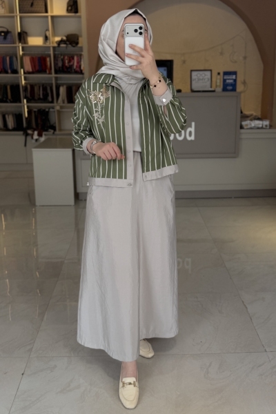 Tıg Trıko Yeşil Boncuk Pul Nakışlı Garnili Gömlek Ve Etek Takım