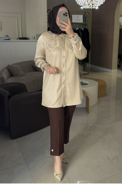 Selinada Bej Payet İşlemeli File Detay Tunik