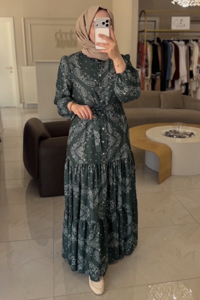 Merwish Yeşil Estate Desen Elbise 1799