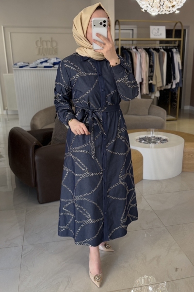 Nuss Lacivert Zincir Detaylı Elbise 2044