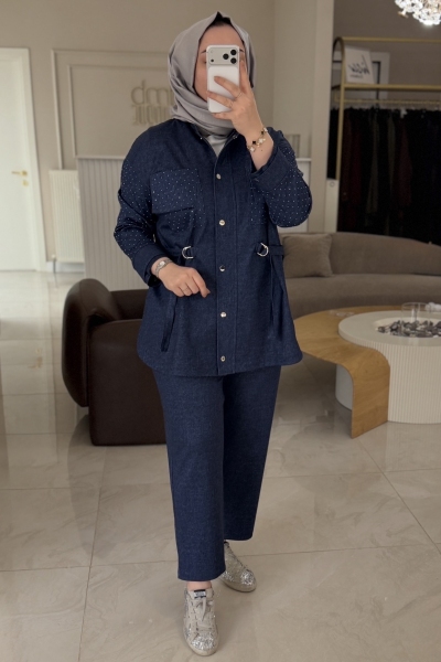 Ghisa Mavi Tensel Taşlı Kemerli Takım