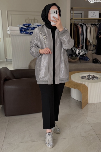 Nuss Gri Sim Şerit Detaylı Bomber 