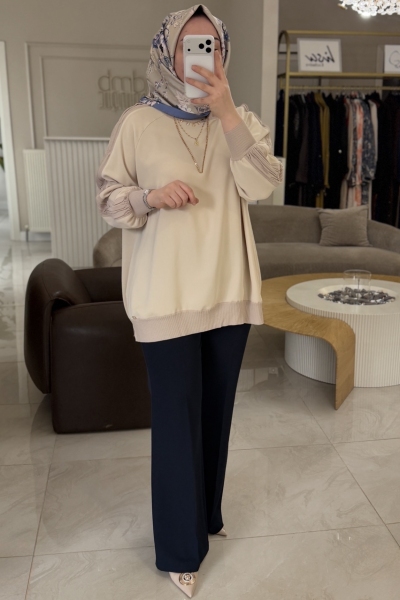 Ghisa Bej Kolu Nervürlü Uzun Tunik