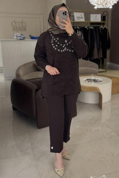Nuss Kahverengi Angora Göğüs  Üstü Taşlı Tunik 7002