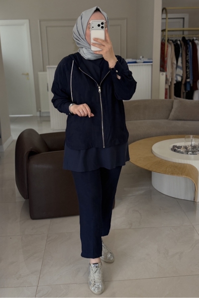 Jenne Premium Lacivert Desenli Gümüş Bağcıklı 3Lü Takım