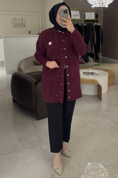 Nuss Bordo Angora Şerit Taş Detay Hırka 7010