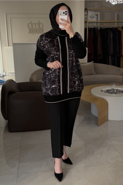 Ghisa Siyah Leopar Şerit Tunik