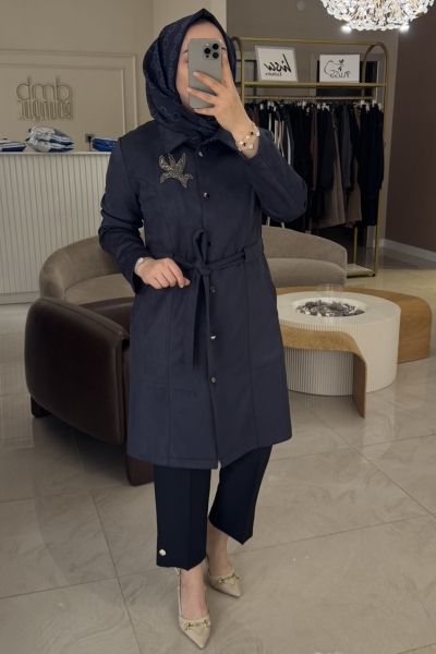 Nuss Lacivert Taş İşlemeli Çıt Uzun Kap 6012