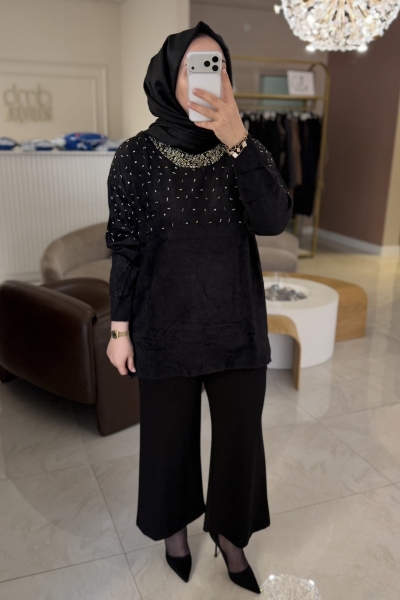 Nuss Siyah Taşlı Kazak 7003