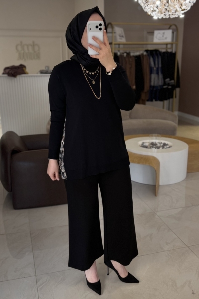 Tıg Trıko Siyah Leopar Kombinli Rayon Tunik