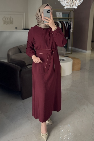 Nuss Bordo Cep Detaylı Yakalı Elbise 2005 