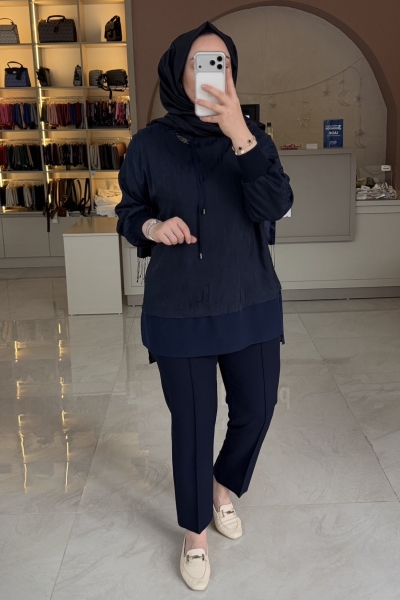 Tıg Trıko Lacivert Şifon Kombinli Metal Tokalı Tunik