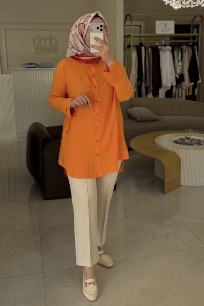 Tıg Trıko Turuncu Kolu Büzgü Detaylı Gömlek