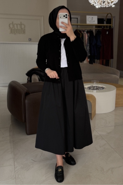 Sentez Grup Siyah Ely Beli Lastikli Etek