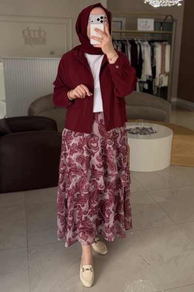 Sbl Desıgn Bordo Eteği Desenli Ceket Takım