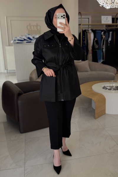 Nuss Siyah Cep Boncuk İşleme Büzgülü Ceket