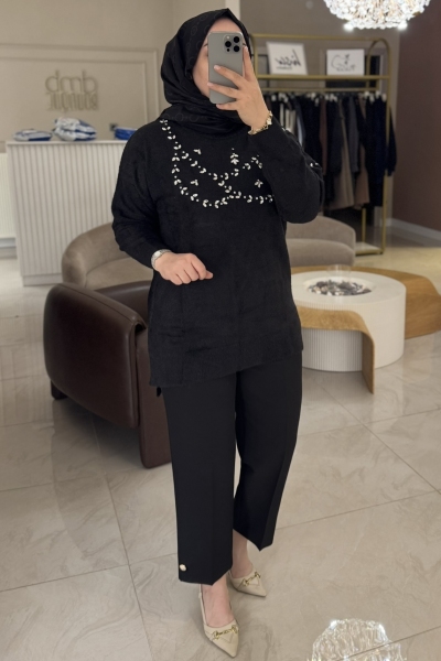 Nuss Siyah Angora Göğüs  Üstü Taşlı Tunik 7002