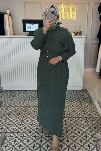 Yeşil Kemerli Elbise 2343Elb
