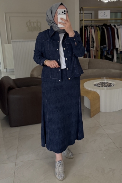 Esswaap Lacivert Denim Baskılı Etekli Takım